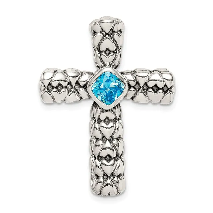 Rings TreasureFineJewelers Sterling Silver Blue CZ Cross Chain Slide