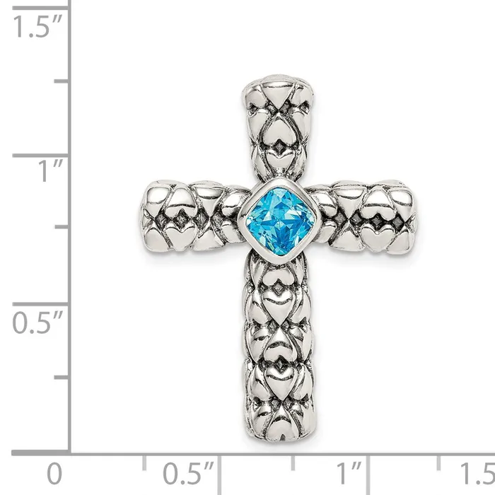 Rings TreasureFineJewelers Sterling Silver Blue CZ Cross Chain Slide