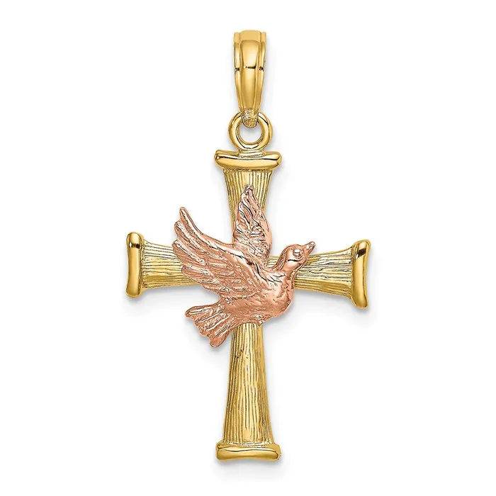 TreasureFineJewelers Charm Necklaces 14k Twotone Textured Finish Cross w Dove Charm TreasureFineJewelers Charm Necklaces 14k Twotone Textured Finish Cross w Dove Charm