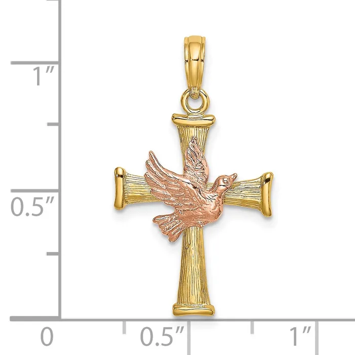 TreasureFineJewelers Charm Necklaces 14k Twotone Textured Finish Cross w Dove Charm