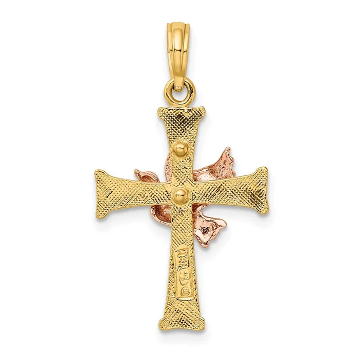 TreasureFineJewelers Charm Necklaces 14k Twotone Textured Finish Cross w Dove Charm