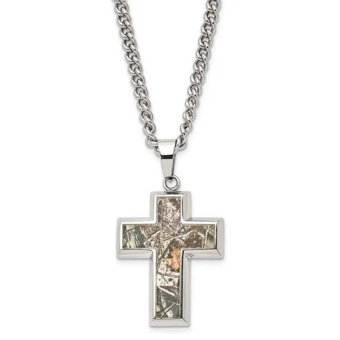 TreasureFineJewelers Necklaces Stainless Steel Polished Printed Camo Under Rubber Cross 24in Necklace TreasureFineJewelers Necklaces Stainless Steel Polished Printed Camo Under Rubber Cross 24in Necklace