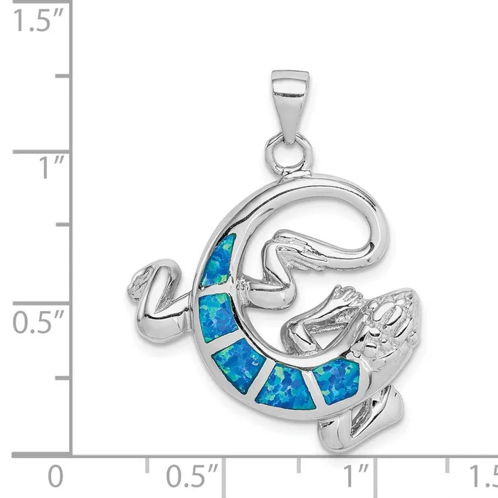 TreasureFineJewelers Necklaces Sterling Silver Rhodiumplated Created Blue Opal Gecko Pendant