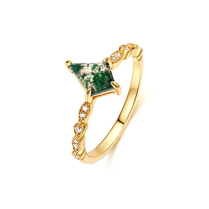 Trendolla Jewelry Rings Sterling Silver Rhombus Shape Aquatic Green Moss Agate Ring