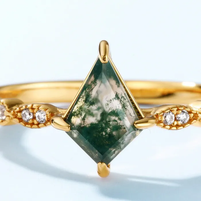 Trendolla Jewelry Rings Sterling Silver Rhombus Shape Aquatic Green Moss Agate Ring