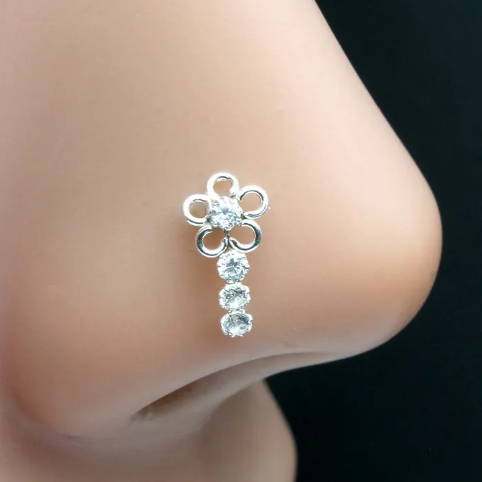 925 Sterling Silver White CZ Nose ring Push Pin Karizma Jewels Rings