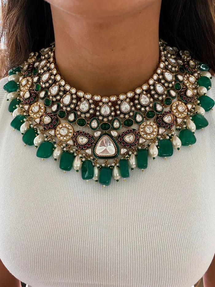 Anjar Polki Emerald Pearl Drops Kundan Necklace Set Necklace Earrings Mang Tika PRERTO ECOMMERCE PRIVATE LIMITED Necklaces Anjar Polki Emerald Pearl Drops Kundan Necklace Set Necklace Earrings Mang Tika PRERTO ECOMMERCE PRIVATE LIMITED Necklaces