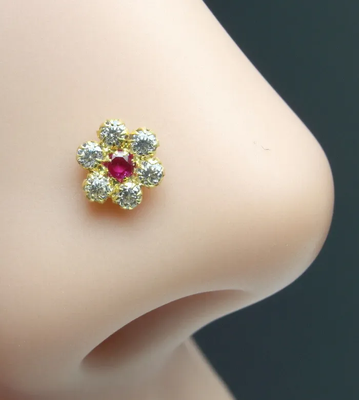 Earrings Floral Style Real Gold Pink White CZ Nose Stud Nose Pin 14k Yellow Gold Karizma Jewels Earrings Floral Style Real Gold Pink White CZ Nose Stud Nose Pin 14k Yellow Gold Karizma Jewels