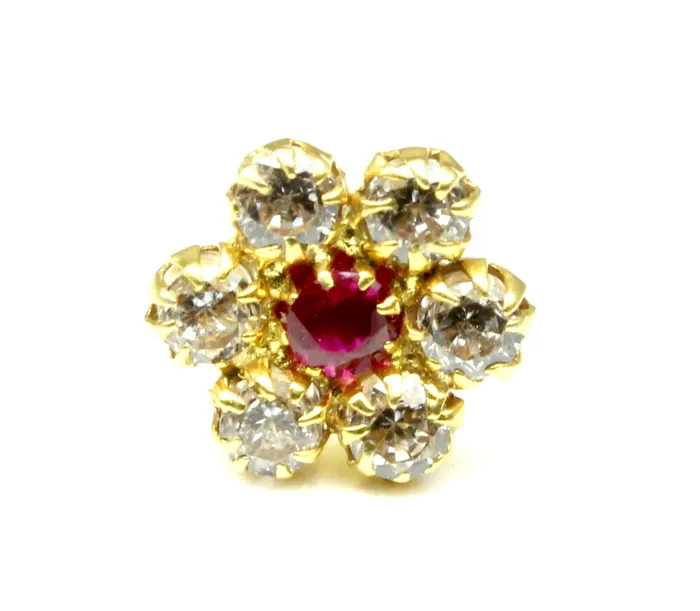Earrings Floral Style Real Gold Pink White CZ Nose Stud Nose Pin 14k Yellow Gold Karizma Jewels