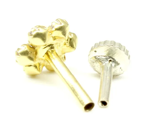 Earrings Floral Style Real Gold Pink White CZ Nose Stud Nose Pin 14k Yellow Gold Karizma Jewels