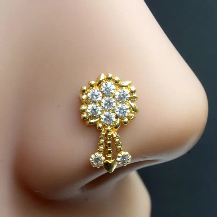 Earrings Karizma Jewels Dangle White Dangle Gold Plated Indian Nose Stud CZ Push Pin