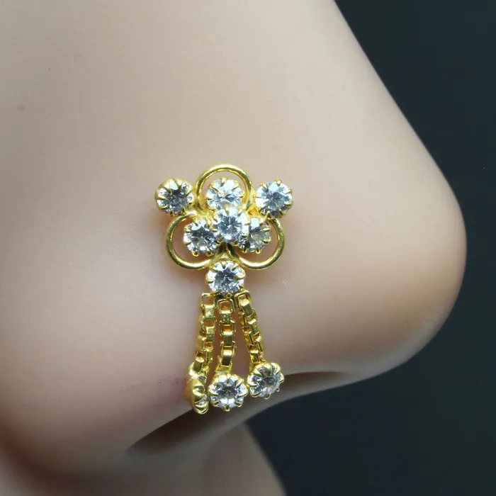 Earrings Karizma Jewels Indian Dangle Nose Stud White CZ stone corkscrew gold plated nose piercing stud