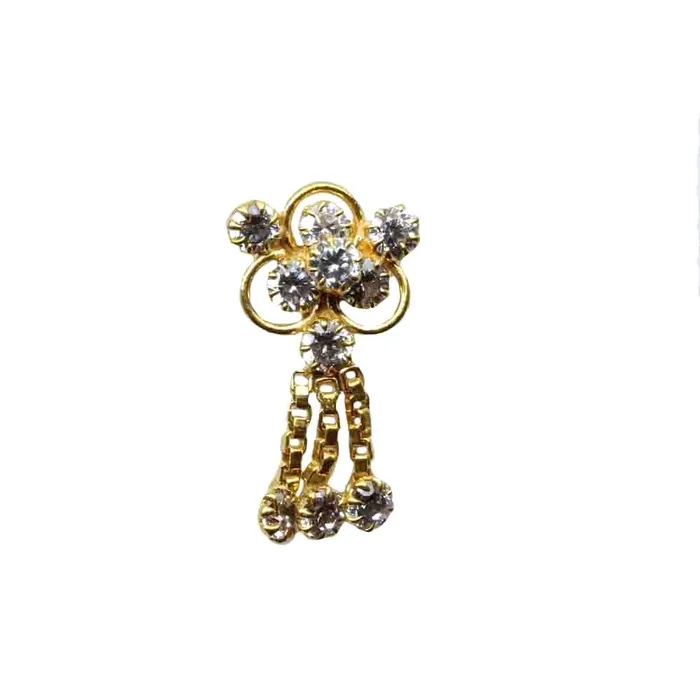 Earrings Karizma Jewels Indian Dangle Nose Stud White CZ stone corkscrew gold plated nose piercing stud