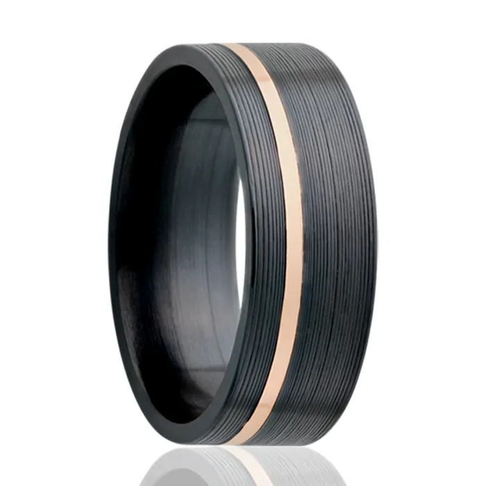 HEAVY STONE RINGS Rings 8mm Zirconium pipe cut 14k offset rose gold inlay machine finish ring HEAVY STONE RINGS Rings 8mm Zirconium pipe cut 14k offset rose gold inlay machine finish ring