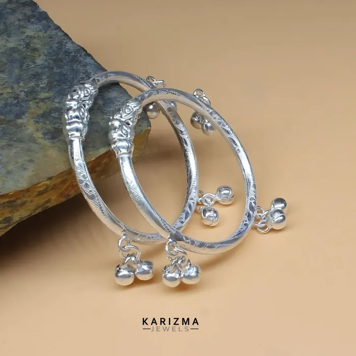 Karizma Jewels Real Silver Gorgeous Kids Bangles Bracelet Kada With Jingle Bells Pair Bracelets