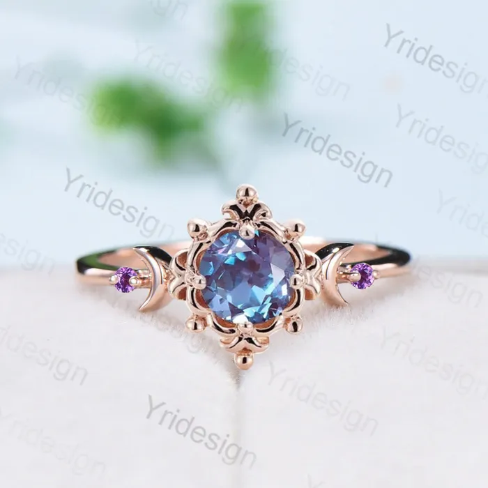 Magic Crescent Moon Floral Alexandrite Engagement Ring Nature Inspired Vintage Color Change Cluster Amethyst Wedding Ring Anniversary gift PENFINE Rings Magic Crescent Moon Floral Alexandrite Engagement Ring Nature Inspired Vintage Color Change Cluster Amethyst Wedding Ring Anniversary gift PENFINE Rings
