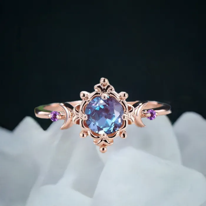 Magic Crescent Moon Floral Alexandrite Engagement Ring Nature Inspired Vintage Color Change Cluster Amethyst Wedding Ring Anniversary gift PENFINE Rings Magic Crescent Moon Floral Alexandrite Engagement Ring Nature Inspired Vintage Color Change Cluster Amethyst Wedding Ring Anniversary gift PENFINE Rings