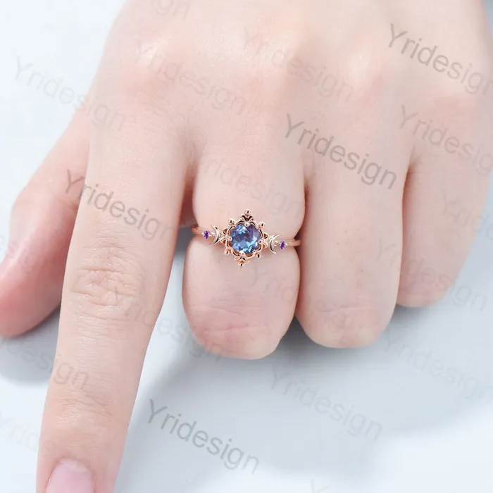 Magic Crescent Moon Floral Alexandrite Engagement Ring Nature Inspired Vintage Color Change Cluster Amethyst Wedding Ring Anniversary gift PENFINE Rings Magic Crescent Moon Floral Alexandrite Engagement Ring Nature Inspired Vintage Color Change Cluster Amethyst Wedding Ring Anniversary gift PENFINE Rings