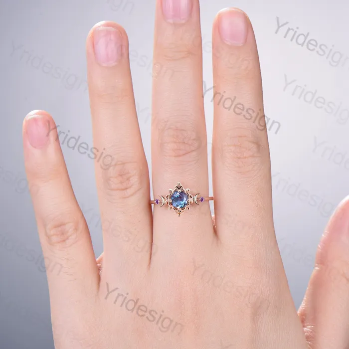 Magic Crescent Moon Floral Alexandrite Engagement Ring Nature Inspired Vintage Color Change Cluster Amethyst Wedding Ring Anniversary gift PENFINE Rings Magic Crescent Moon Floral Alexandrite Engagement Ring Nature Inspired Vintage Color Change Cluster Amethyst Wedding Ring Anniversary gift PENFINE Rings