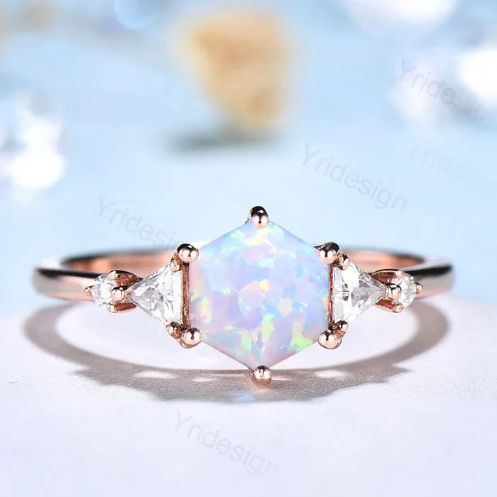 PENFINE Rings Five Stone Hexagon Cut White Opal Engagement Ring Unique Trillion Moissanite Wedding Ring October Bride Ring Women 6 Prongs Anniversary Gift PENFINE Rings Five Stone Hexagon Cut White Opal Engagement Ring Unique Trillion Moissanite Wedding Ring October Bride Ring Women 6 Prongs Anniversary Gift