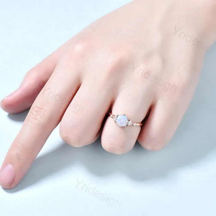 PENFINE Rings Five Stone Hexagon Cut White Opal Engagement Ring Unique Trillion Moissanite Wedding Ring October Bride Ring Women 6 Prongs Anniversary Gift PENFINE Rings Five Stone Hexagon Cut White Opal Engagement Ring Unique Trillion Moissanite Wedding Ring October Bride Ring Women 6 Prongs Anniversary Gift