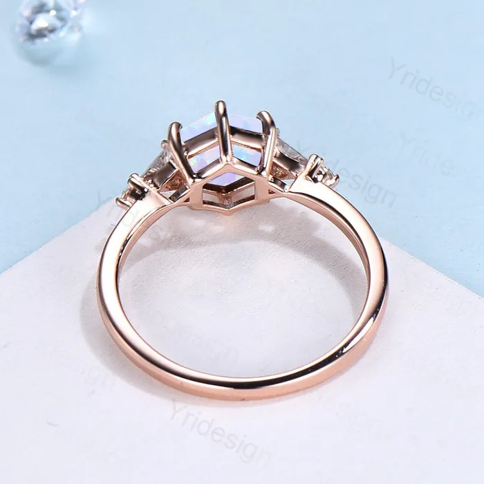 PENFINE Rings Five Stone Hexagon Cut White Opal Engagement Ring Unique Trillion Moissanite Wedding Ring October Bride Ring Women 6 Prongs Anniversary Gift PENFINE Rings Five Stone Hexagon Cut White Opal Engagement Ring Unique Trillion Moissanite Wedding Ring October Bride Ring Women 6 Prongs Anniversary Gift