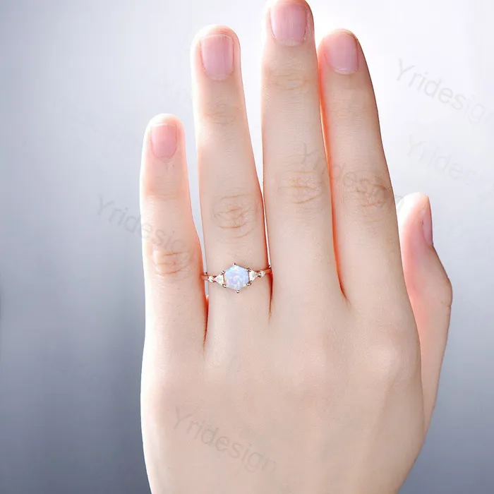 PENFINE Rings Five Stone Hexagon Cut White Opal Engagement Ring Unique Trillion Moissanite Wedding Ring October Bride Ring Women 6 Prongs Anniversary Gift PENFINE Rings Five Stone Hexagon Cut White Opal Engagement Ring Unique Trillion Moissanite Wedding Ring October Bride Ring Women 6 Prongs Anniversary Gift