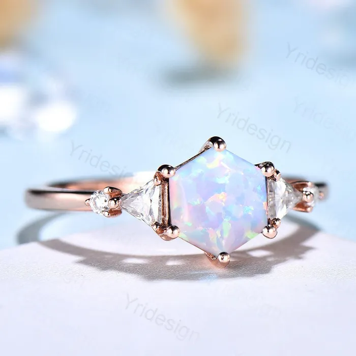 PENFINE Rings Five Stone Hexagon Cut White Opal Engagement Ring Unique Trillion Moissanite Wedding Ring October Bride Ring Women 6 Prongs Anniversary Gift PENFINE Rings Five Stone Hexagon Cut White Opal Engagement Ring Unique Trillion Moissanite Wedding Ring October Bride Ring Women 6 Prongs Anniversary Gift