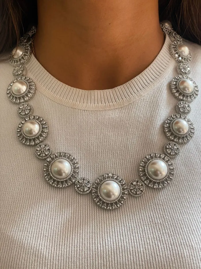 PRERTO ECOMMERCE PRIVATE LIMITED Necklaces Pearly Sun Diamond Necklace Set PRERTO ECOMMERCE PRIVATE LIMITED Necklaces Pearly Sun Diamond Necklace Set