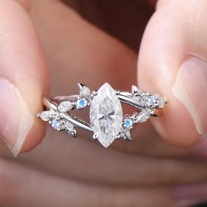 Rings Natural Inspired Marquise Moissanite Ring Unique Leaves Branch Moissanite Engagement Ring Cluster Moonstone Split Shank Twig Wedding Ring PENFINE Rings Natural Inspired Marquise Moissanite Ring Unique Leaves Branch Moissanite Engagement Ring Cluster Moonstone Split Shank Twig Wedding Ring PENFINE