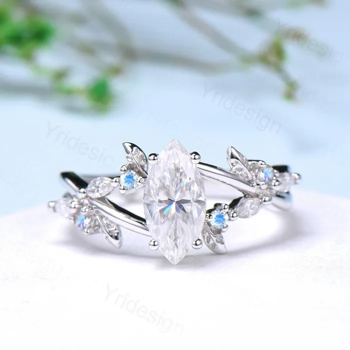Rings Natural Inspired Marquise Moissanite Ring Unique Leaves Branch Moissanite Engagement Ring Cluster Moonstone Split Shank Twig Wedding Ring PENFINE Rings Natural Inspired Marquise Moissanite Ring Unique Leaves Branch Moissanite Engagement Ring Cluster Moonstone Split Shank Twig Wedding Ring PENFINE