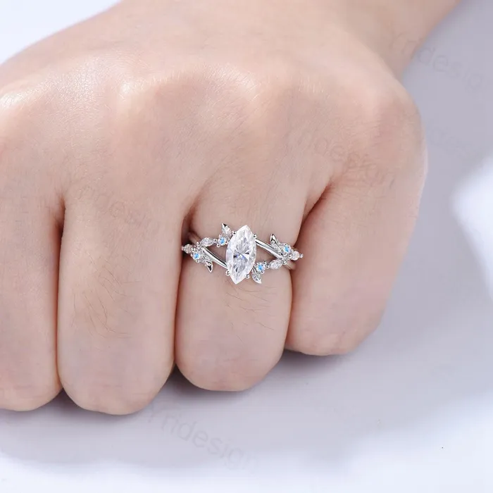Rings Natural Inspired Marquise Moissanite Ring Unique Leaves Branch Moissanite Engagement Ring Cluster Moonstone Split Shank Twig Wedding Ring PENFINE Rings Natural Inspired Marquise Moissanite Ring Unique Leaves Branch Moissanite Engagement Ring Cluster Moonstone Split Shank Twig Wedding Ring PENFINE