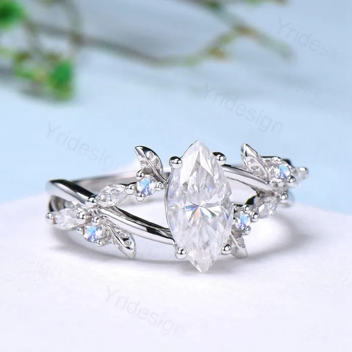 Rings Natural Inspired Marquise Moissanite Ring Unique Leaves Branch Moissanite Engagement Ring Cluster Moonstone Split Shank Twig Wedding Ring PENFINE Rings Natural Inspired Marquise Moissanite Ring Unique Leaves Branch Moissanite Engagement Ring Cluster Moonstone Split Shank Twig Wedding Ring PENFINE