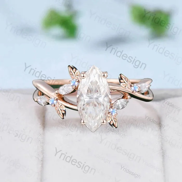 Rings Natural Inspired Marquise Moissanite Ring Unique Leaves Branch Moissanite Engagement Ring Cluster Moonstone Split Shank Twig Wedding Ring PENFINE Rings Natural Inspired Marquise Moissanite Ring Unique Leaves Branch Moissanite Engagement Ring Cluster Moonstone Split Shank Twig Wedding Ring PENFINE