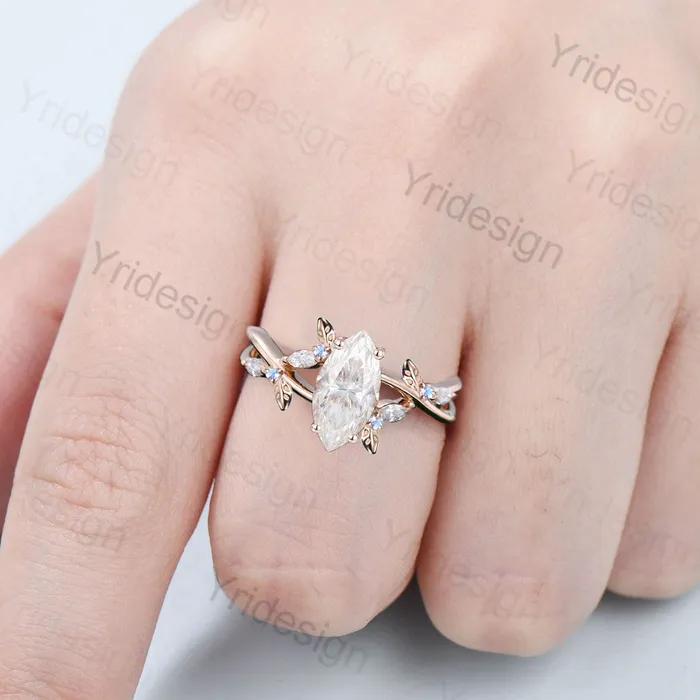 Rings Natural Inspired Marquise Moissanite Ring Unique Leaves Branch Moissanite Engagement Ring Cluster Moonstone Split Shank Twig Wedding Ring PENFINE Rings Natural Inspired Marquise Moissanite Ring Unique Leaves Branch Moissanite Engagement Ring Cluster Moonstone Split Shank Twig Wedding Ring PENFINE