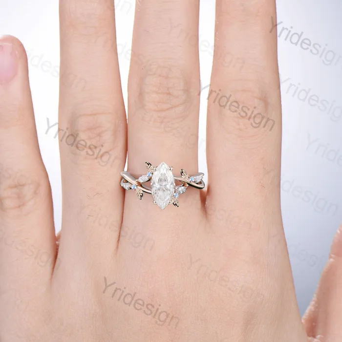 Rings Natural Inspired Marquise Moissanite Ring Unique Leaves Branch Moissanite Engagement Ring Cluster Moonstone Split Shank Twig Wedding Ring PENFINE Rings Natural Inspired Marquise Moissanite Ring Unique Leaves Branch Moissanite Engagement Ring Cluster Moonstone Split Shank Twig Wedding Ring PENFINE
