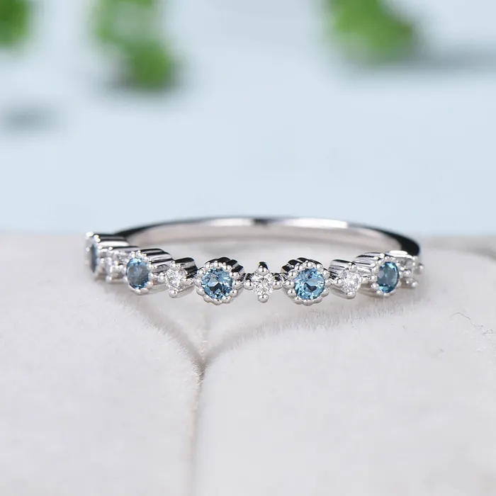 Rings PENFINE Dainty London Blue Wedding Band White Gold Half Eternity Milgrain Topaz Stacking Band Anniversary Ring Art Deco Matching Band Promise Ring Rings PENFINE Dainty London Blue Wedding Band White Gold Half Eternity Milgrain Topaz Stacking Band Anniversary Ring Art Deco Matching Band Promise Ring