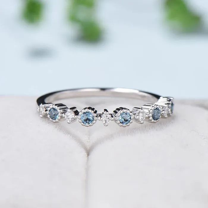 Rings PENFINE Dainty London Blue Wedding Band White Gold Half Eternity Milgrain Topaz Stacking Band Anniversary Ring Art Deco Matching Band Promise Ring Rings PENFINE Dainty London Blue Wedding Band White Gold Half Eternity Milgrain Topaz Stacking Band Anniversary Ring Art Deco Matching Band Promise Ring