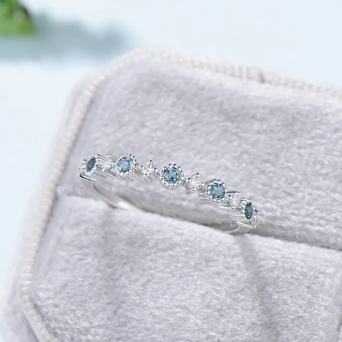 Rings PENFINE Dainty London Blue Wedding Band White Gold Half Eternity Milgrain Topaz Stacking Band Anniversary Ring Art Deco Matching Band Promise Ring Rings PENFINE Dainty London Blue Wedding Band White Gold Half Eternity Milgrain Topaz Stacking Band Anniversary Ring Art Deco Matching Band Promise Ring