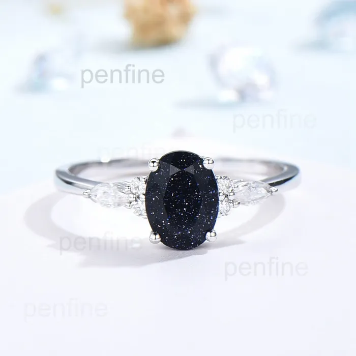 Rings PENFINE Oval Cut Cluster Blue Sandstone Galaxy Nadia Engagement Ring Rings PENFINE Oval Cut Cluster Blue Sandstone Galaxy Nadia Engagement Ring