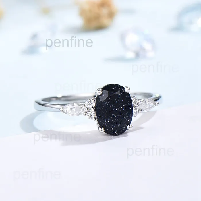 Rings PENFINE Oval Cut Cluster Blue Sandstone Galaxy Nadia Engagement Ring