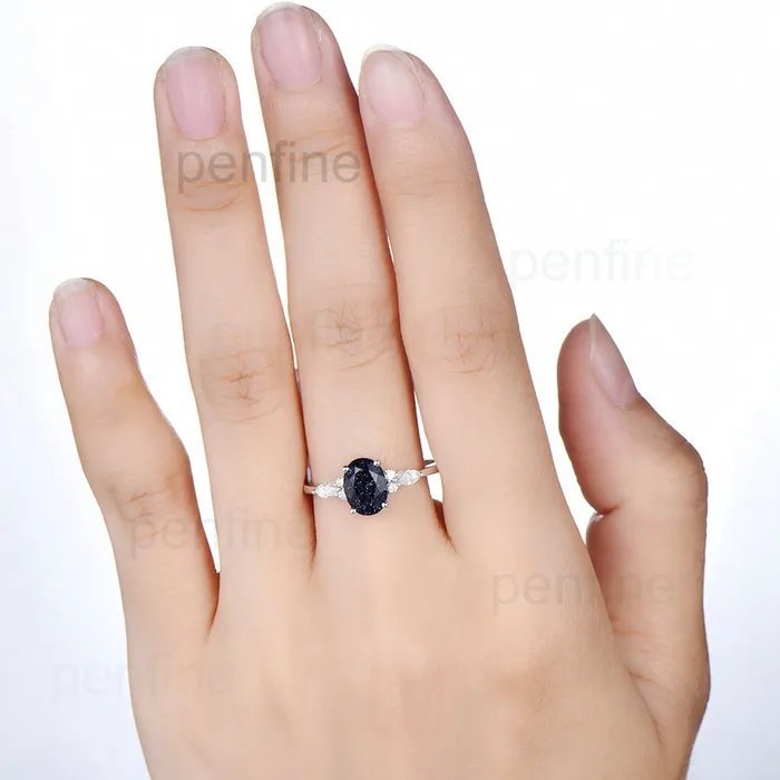 Rings PENFINE Oval Cut Cluster Blue Sandstone Galaxy Nadia Engagement Ring