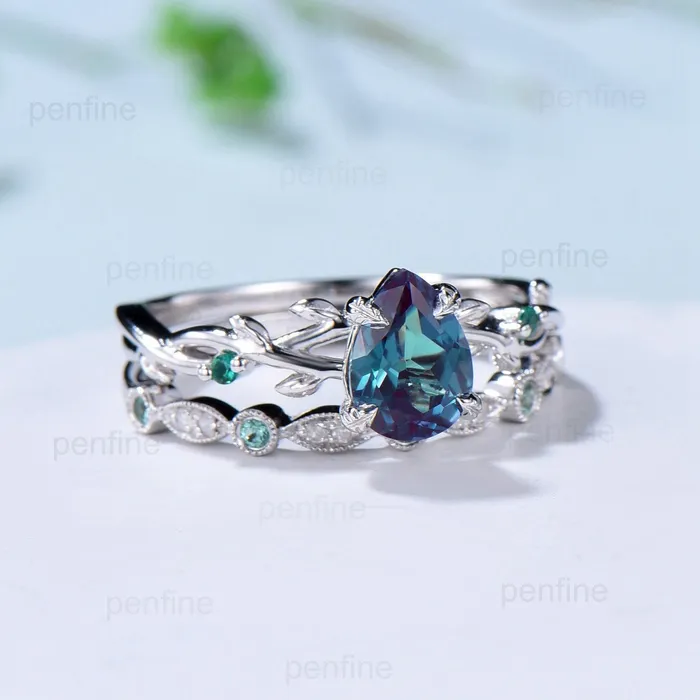 Rings Twig Alexandrite Ring Set Vintage Pear Shaped 14K White Gold Engagement Ring Nature Inspired Wedding Set Art Deco Emerald Bridal Ring Set PENFINE Rings Twig Alexandrite Ring Set Vintage Pear Shaped 14K White Gold Engagement Ring Nature Inspired Wedding Set Art Deco Emerald Bridal Ring Set PENFINE
