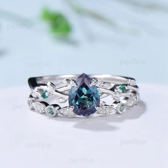 Rings Twig Alexandrite Ring Set Vintage Pear Shaped 14K White Gold Engagement Ring Nature Inspired Wedding Set Art Deco Emerald Bridal Ring Set PENFINE Rings Twig Alexandrite Ring Set Vintage Pear Shaped 14K White Gold Engagement Ring Nature Inspired Wedding Set Art Deco Emerald Bridal Ring Set PENFINE