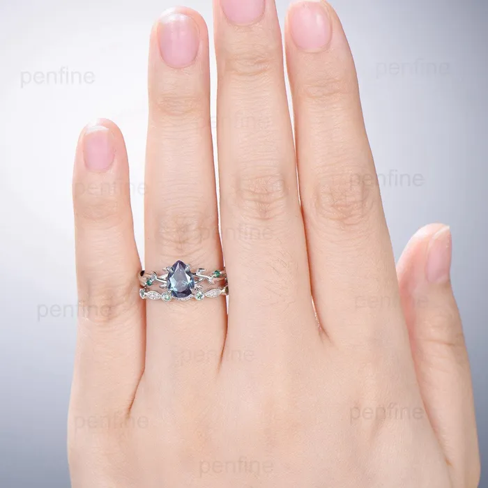 Rings Twig Alexandrite Ring Set Vintage Pear Shaped 14K White Gold Engagement Ring Nature Inspired Wedding Set Art Deco Emerald Bridal Ring Set PENFINE Rings Twig Alexandrite Ring Set Vintage Pear Shaped 14K White Gold Engagement Ring Nature Inspired Wedding Set Art Deco Emerald Bridal Ring Set PENFINE
