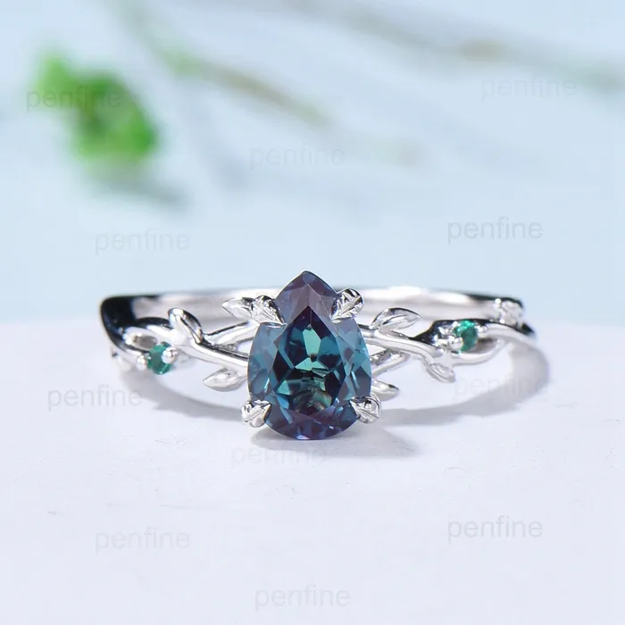Rings Twig Alexandrite Ring Set Vintage Pear Shaped 14K White Gold Engagement Ring Nature Inspired Wedding Set Art Deco Emerald Bridal Ring Set PENFINE Rings Twig Alexandrite Ring Set Vintage Pear Shaped 14K White Gold Engagement Ring Nature Inspired Wedding Set Art Deco Emerald Bridal Ring Set PENFINE