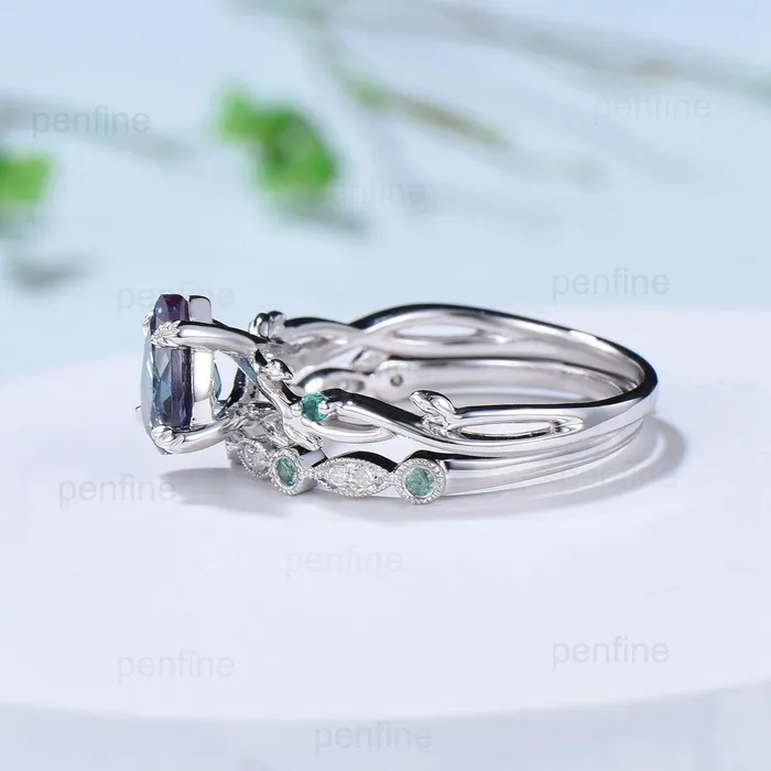 Rings Twig Alexandrite Ring Set Vintage Pear Shaped 14K White Gold Engagement Ring Nature Inspired Wedding Set Art Deco Emerald Bridal Ring Set PENFINE Rings Twig Alexandrite Ring Set Vintage Pear Shaped 14K White Gold Engagement Ring Nature Inspired Wedding Set Art Deco Emerald Bridal Ring Set PENFINE