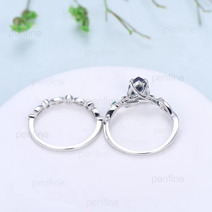 Rings Twig Alexandrite Ring Set Vintage Pear Shaped 14K White Gold Engagement Ring Nature Inspired Wedding Set Art Deco Emerald Bridal Ring Set PENFINE Rings Twig Alexandrite Ring Set Vintage Pear Shaped 14K White Gold Engagement Ring Nature Inspired Wedding Set Art Deco Emerald Bridal Ring Set PENFINE