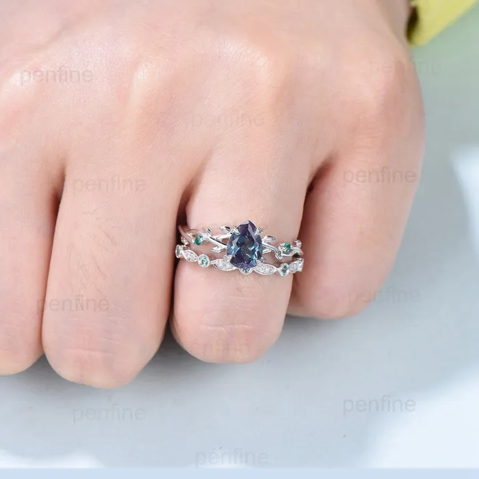 Rings Twig Alexandrite Ring Set Vintage Pear Shaped 14K White Gold Engagement Ring Nature Inspired Wedding Set Art Deco Emerald Bridal Ring Set PENFINE Rings Twig Alexandrite Ring Set Vintage Pear Shaped 14K White Gold Engagement Ring Nature Inspired Wedding Set Art Deco Emerald Bridal Ring Set PENFINE