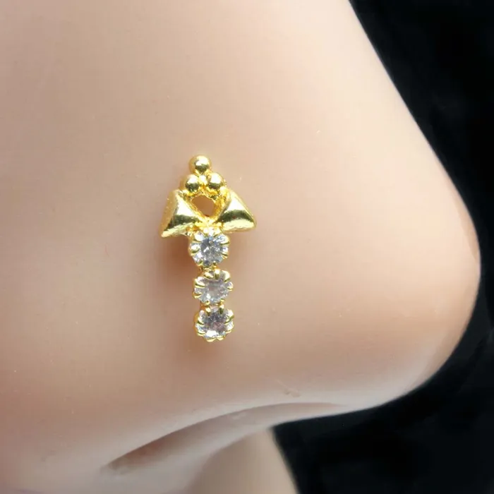 Rings Vertical Style Gold Plated Nose Stud White CZ L Bend nose ring 22g Karizma Jewels